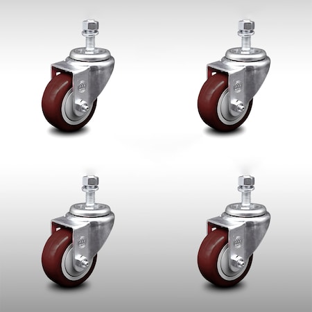 Service Caster 3 Inch SS Maroon Polyurethane Wheel Swivel 1/2 Inch Threaded Stem Caster Set SCC SCC-SSTS20S314-PPUB-MRN-121315-4